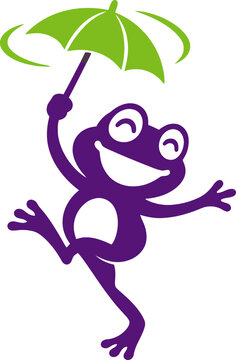 Cute cartoon purple frog dancing with green umbrella