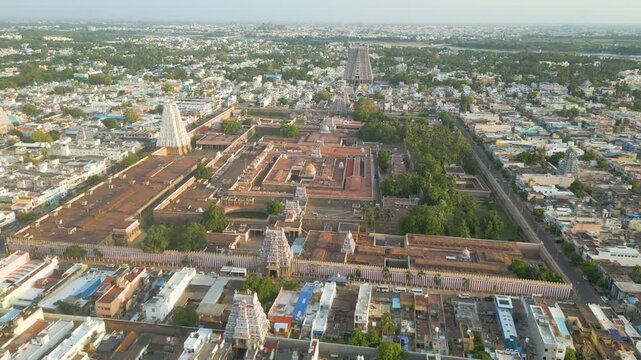 Aerial view of Sri Ranganatha Swamy Temple, The temple is located in Srirangam, Tiruchirappalli, Tamil Nadu, India.