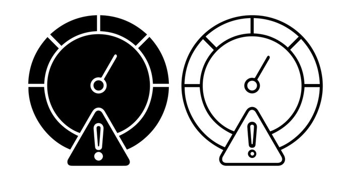 Speedometer warning icon set. Gauge symbols with alert signs in outline and solid styles isolated on transparent PNG background.