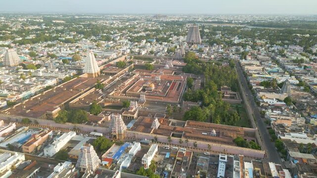 Aerial view of Sri Ranganatha Swamy Temple, The temple is located in Srirangam, Tiruchirappalli, Tamil Nadu, India.