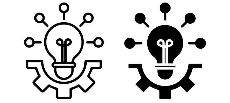 creative innovation light bulb gear symbols. black technology idea designs with outline and filled styles on transparent PNG background.