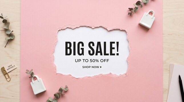 Attractive pink promotional display featuring a torn paper center for custom advertisement text ideal for online retail marketing campaigns
