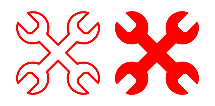 crossed wrench repair tool icons. Red maintenance and service symbols with outline and filled styles on transparent png background.