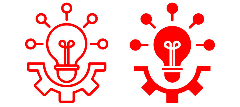 creative innovation light bulb gear symbols. Red technology idea designs with outline and filled styles on transparent PNG background.