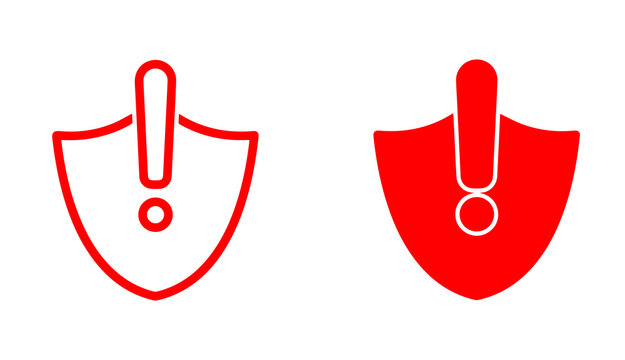 Alert shield icon set. Red outline and solid warning symbols isolated on transparent PNG background.