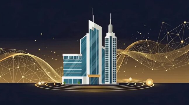 Modern skyscrapers illustration on dark background with golden digital network connections and glowing particles concept