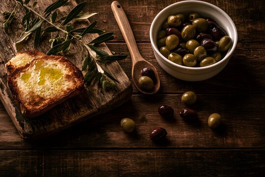 Olives and rustic bread framed by green fruit beside herbs and oil