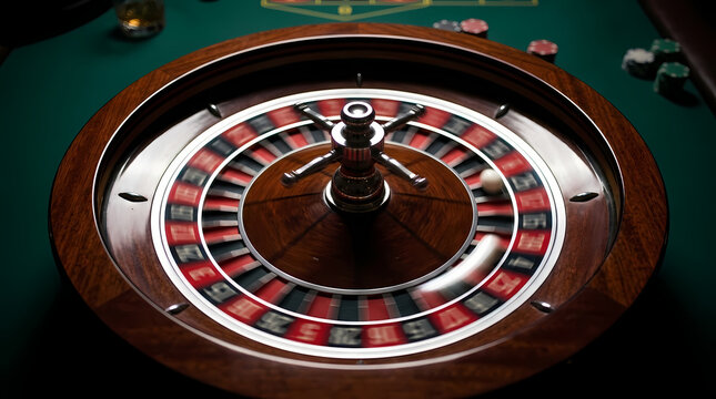 Classic Wooden Roulette Wheel Spinning With A Small Ball Resting On The Green Felt Table Ready For Winning Bets During A High Stakes Night Of Gambling Entertainment In A Busy Land Based Gaming