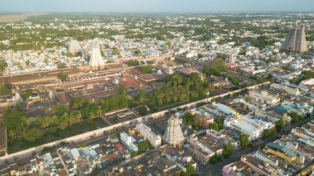 Aerial view of Sri Ranganatha Swamy Temple, The temple is located in Srirangam, Tiruchirappalli, Tamil Nadu, India.