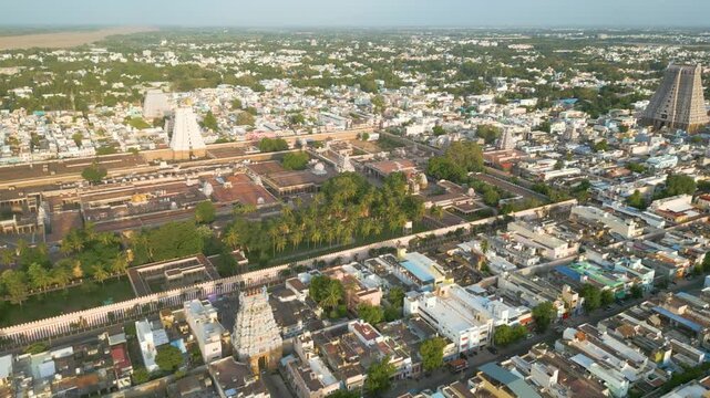 Aerial view of Sri Ranganatha Swamy Temple, The temple is located in Srirangam, Tiruchirappalli, Tamil Nadu, India.