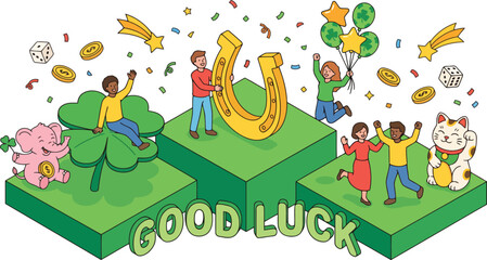 Fototapeta premium Good Luck Concept Illustration with People and Lucky Charms on Isometric Platforms