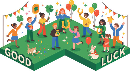 Fototapeta premium Diverse group of happy people celebrating good luck with symbols and festive decorations.