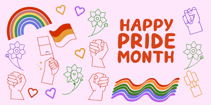 A colorful vector illustration depicts pride month symbols including rainbows hands hearts and floral ornaments celebration community design equality freedom gesture graphic happiness
