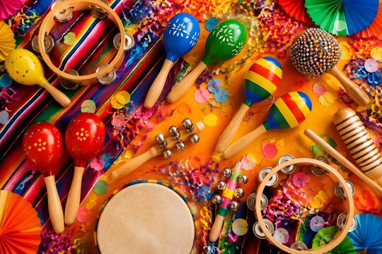 Maracas and handheld percussion instruments scattered across a brightly decorated party table with energetic musical atmosphere