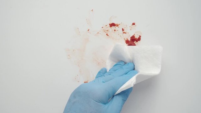 Close up of hand in blue glove wiping tomato paste from white surface with paper towel