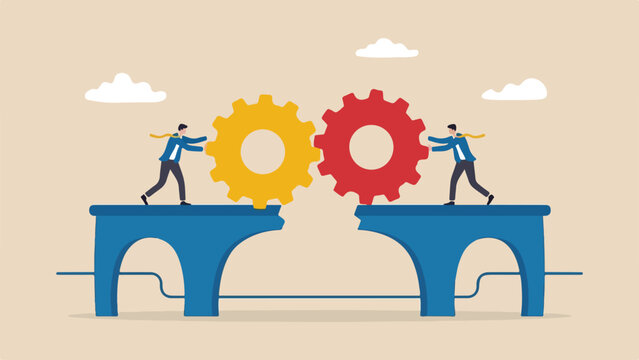 Conceptual Flat Illustration of a Business Team Connecting Broken Bridges with Interlocking Gears Symbolizing Seamless Workflow and Team Synchronization
