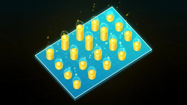 Illustration of cylindrical components arranged on blue grid technology surface