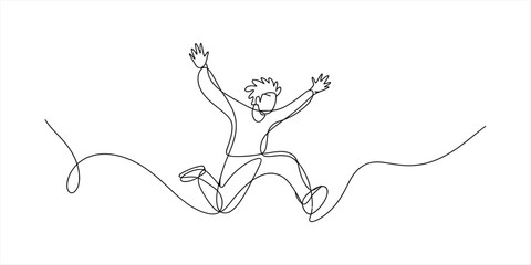 Obraz premium Continuous single line drawing of a happy young man jumping with joy and arms raised in the air