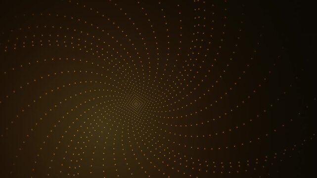 Abstract golden spiral pattern created with tiny luminous dots glowing against a deep dark brown background.
