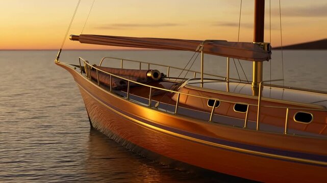 Wooden sailboat glides across calm sea at golden sunset, warm light reflecting on polished hull and metal railings as furled sail, mast, deck cabin and distant coastline fill close side view