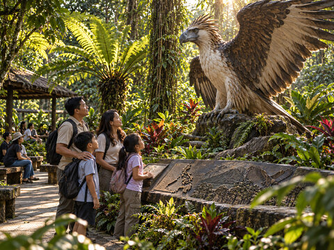 Family admiring a monumental eagle display surrounded by dense tropical vegetation at a wildlife conservation park.