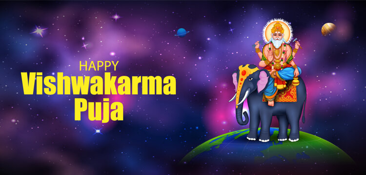 Happy Vishwakarma Puja Greeting Banner with Lord Vishwakarma and Decorative Festival Elements