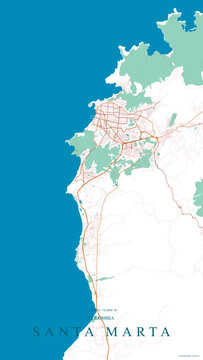 Vibrant coastal street map poster of Santa Marta, Colombia, highlighting the Caribbean coastline, El Rodadero, Tayrona National Park, and urban road networks in teal and green tones.