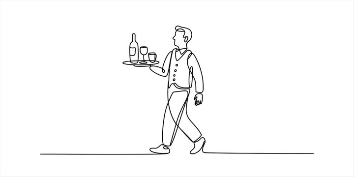 Continuous one line drawing of a waiter carrying a tray with wine bottle and glasses in a restaurant