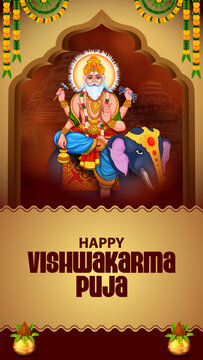 Happy Vishwakarma Puja Greeting Banner with Lord Vishwakarma and Decorative Festival Elements