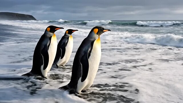 King penguins on black sand beach by ocean waves
