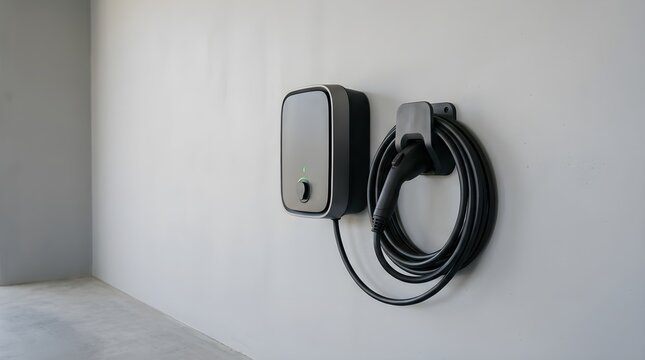 Wide angle view of modern black wallbox EV charger unit with coiled charging cable and plug nozzle mounted on grey concrete garage wall for home electric car charging. 