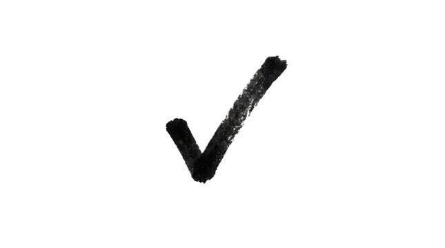 Hand drawn checkmark symbol, textured black charcoal tick mark with rough artistic edges, graphic design element for business approval lists isolated on a transparent background