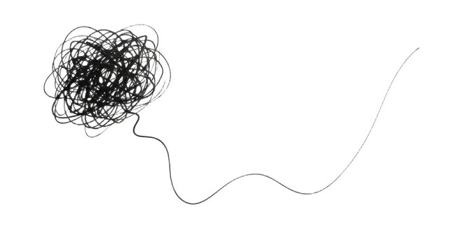 Hand drawn scribble knot, messy black ink doodle with long flowing tail line, abstract chaotic sketch element for graphic design projects isolated on transparent background