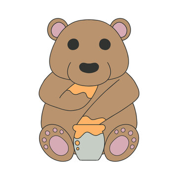 壺から美味しそうに蜂蜜（ハチミツ）を舐める可愛いクマのイラスト