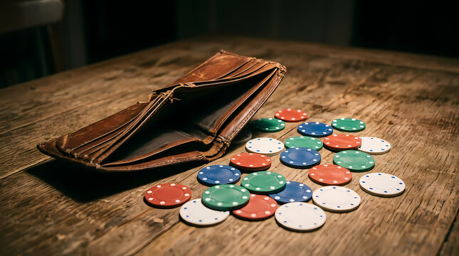 Empty brown leather wallet laying on a worn wooden table surface next to colorful plastic betting pieces which represent the high financial risks associated with frequent gambling and betting