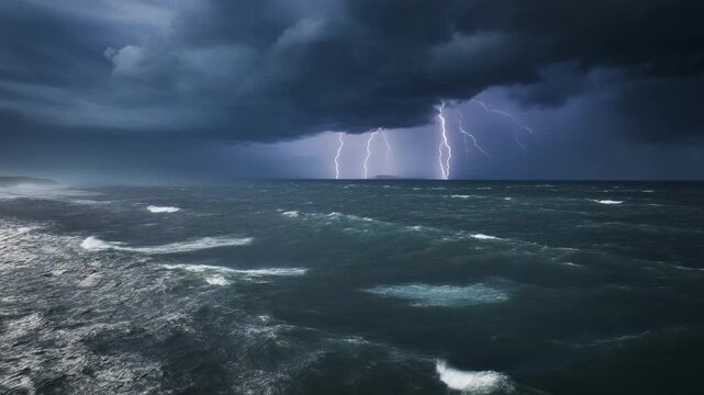 Aerial seixal view of lightning striking over rough ocean waves