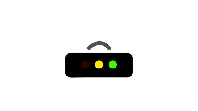 Black wireless router icon with signal waves and colored LED indicator lights
