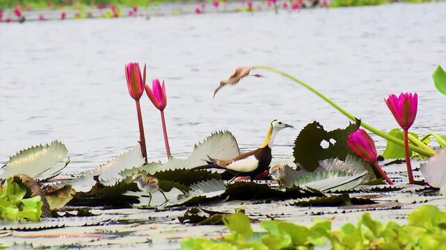 A little family of Pheasant tailed Jacana with its new born chicks are wandering through a dreamlike lake of pink water Lilies in Nature.