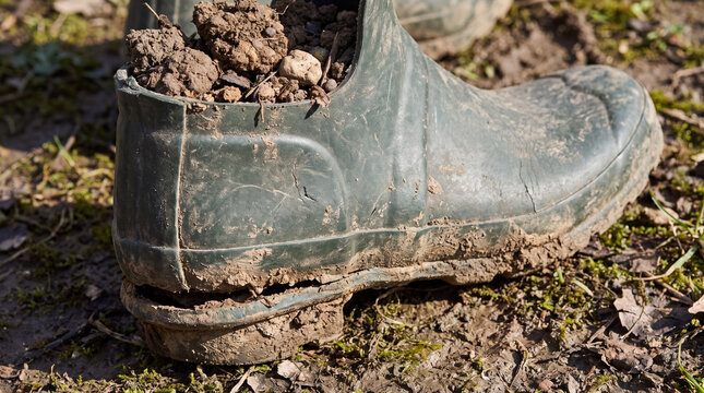 Worn out rubber boot filled with soil and mud, showing signs of heavy outdoor use and decay