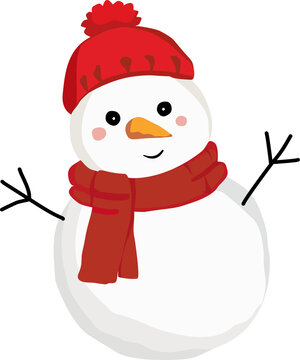 Cute cartoon snowman character wears a red knit hat, matching scarf, carrot nose, rosy cheeks, smiling face, twig arms, festive winter Christmas illustration isolated on transparent background PNG.