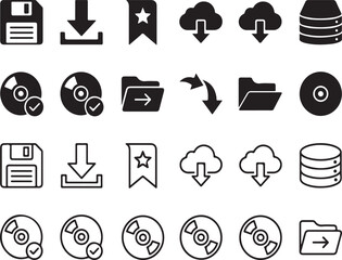 Fototapeta premium Set of black and white computer technology and data storage icons including disks folders cloud download symbols folder icon disk icon web interface digital storage vector icons web design