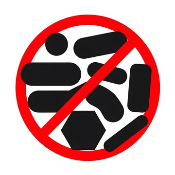 Red prohibition symbol placed over scattered black and white pills and tablets, communicating a medication ban, anti-drug warning, prescription misuse prevention, health safety message