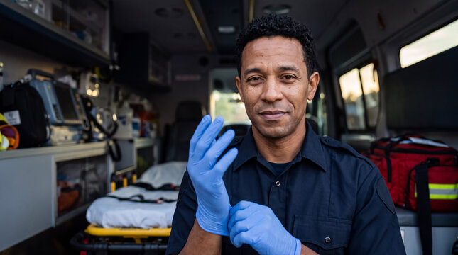 Emergency medical services worker putting on protective gloves inside an ambulance, preparing for patient care