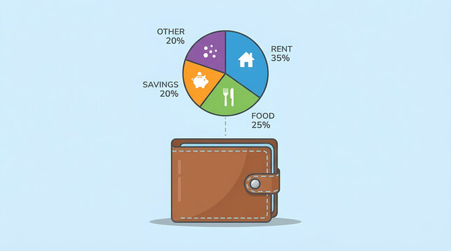 A detailed financial breakdown showing monthly expenses in a pie chart format above a leather wallet representing personal budget planning management strategies and economic growth for private