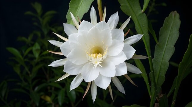 A close-up view of a night-blooming cereus flower in full bloom with green foliage.