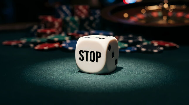 Addiction prevention sign displaying stop on a cube placed upon a green gambling table with blurred betting chips in the surrounding area illustrating the need for caution during risky casino
