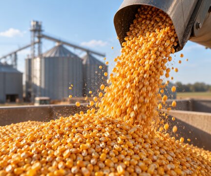 Golden corn kernels pouring from an industrial grain chute into a truck with silos in the background during daylight. Agricultural harvest concept for food supply and trade advertising.