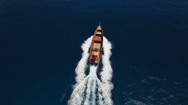 Aerial seixal view of a motorboat cruising on dark blue sea water