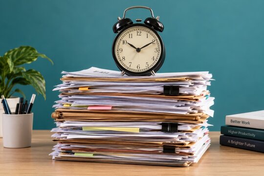 A black alarm clock sits atop a towering stack of cluttered paperwork on a wooden office desk. This image represents workplace time management and deadline stress concepts.