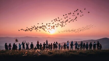 Fototapeta premium Group of people silhouetted against vibrant sunset sky with flock of birds flying.